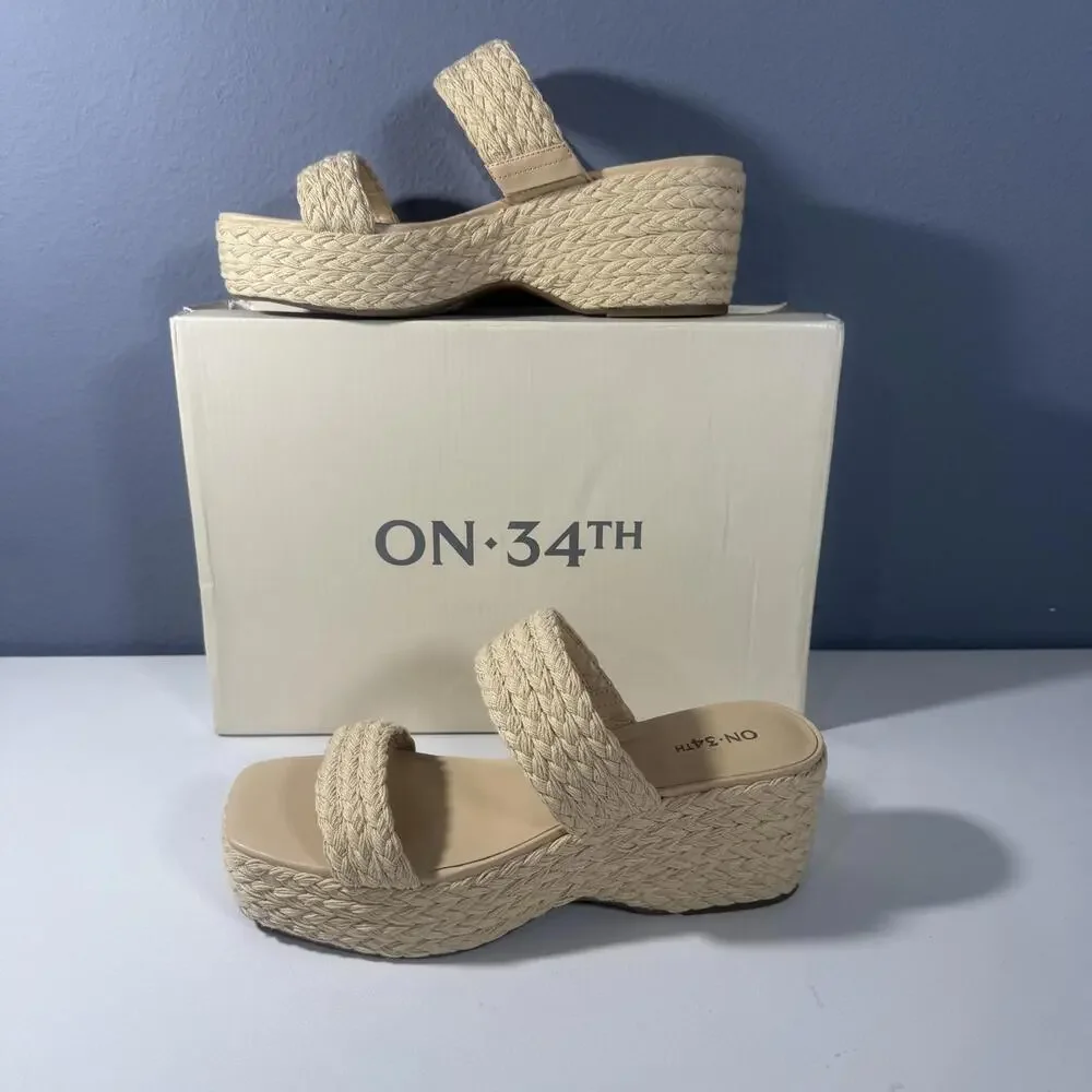 On 34th Platform Wedge Sandals Womens 10 Beige New Woven Raffia Slide Square Toe